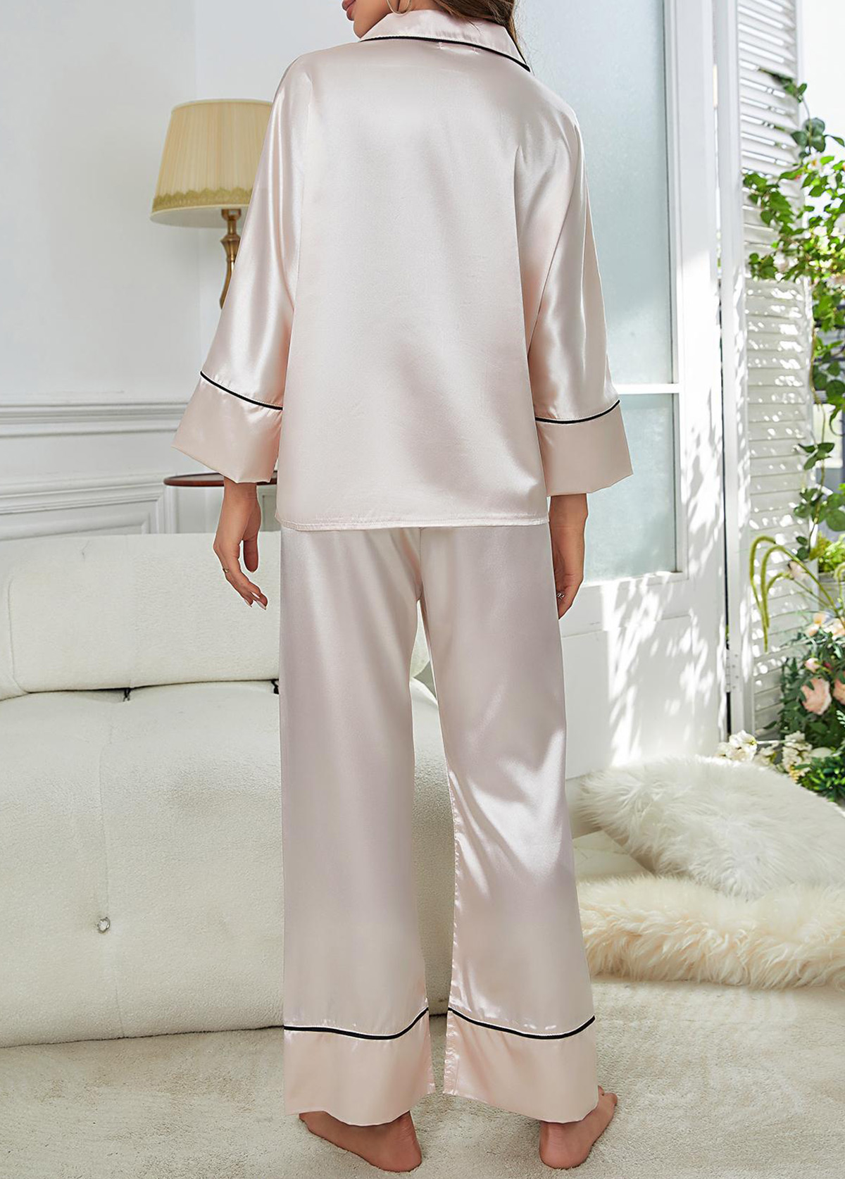 Champagne loungewear,Contrast Color loungewear,Champagne Shirt Collar 3/4 Sleeve Lounge Top and Pants