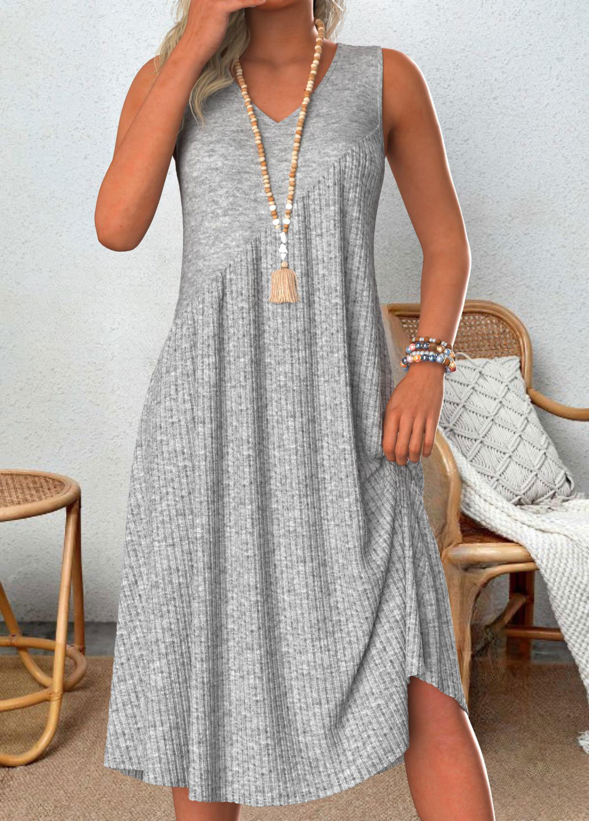 Light Grey Marl dresses,Plain Color dresses,Everyday dresses,Casual dresses,ROTITA Patchwork Light Grey Marl A Line V Neck Dress