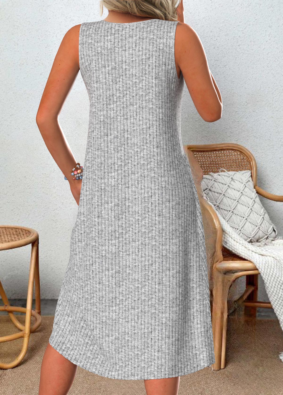 Light Grey Marl dresses,Plain Color dresses,Everyday dresses,Casual dresses,ROTITA Patchwork Light Grey Marl A Line V Neck Dress