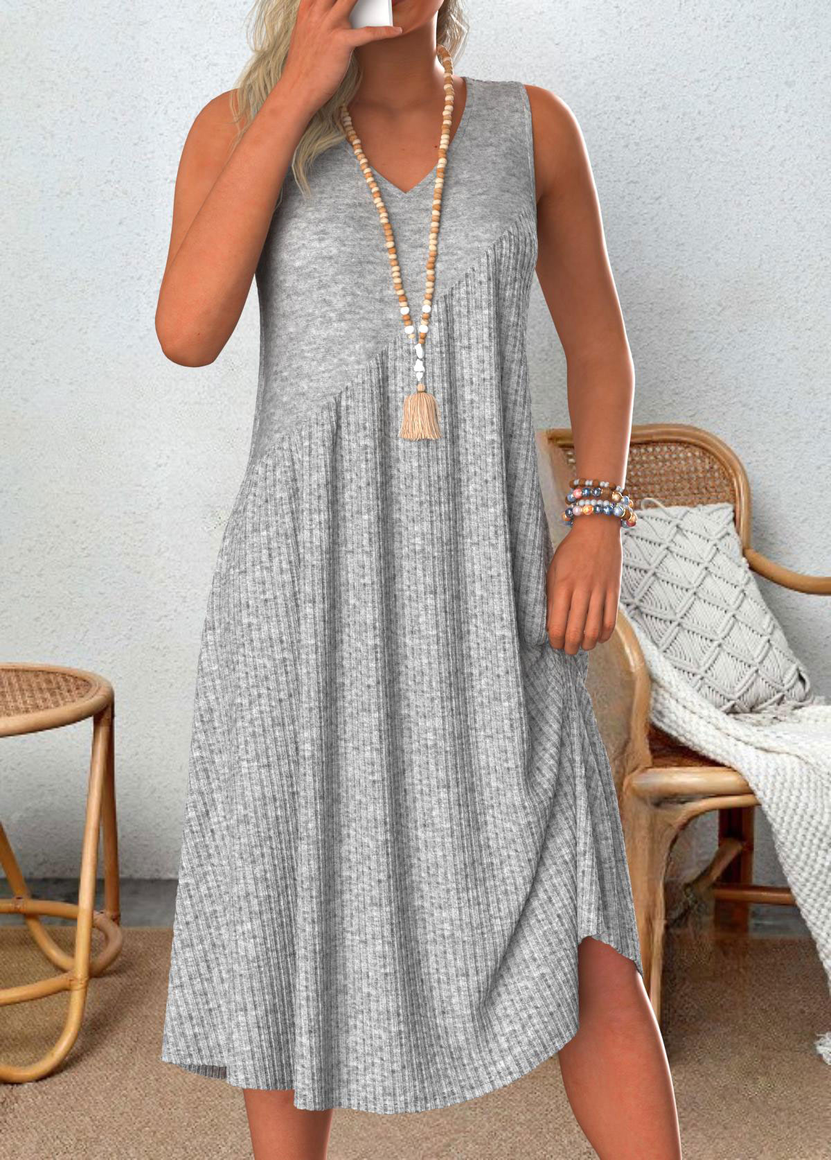 Light Grey Marl dresses,Plain Color dresses,Everyday dresses,Casual dresses,ROTITA Patchwork Light Grey Marl A Line V Neck Dress