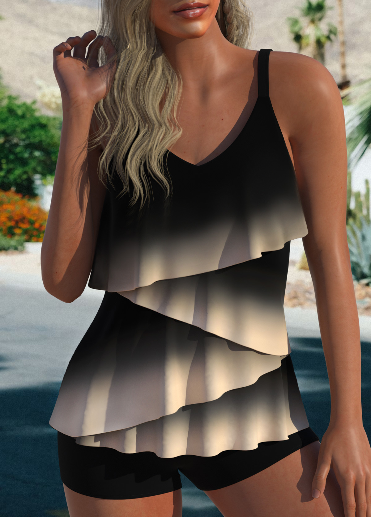 haut tankini asymétrique dégradé noir à couches Rotita-Pas de fond
