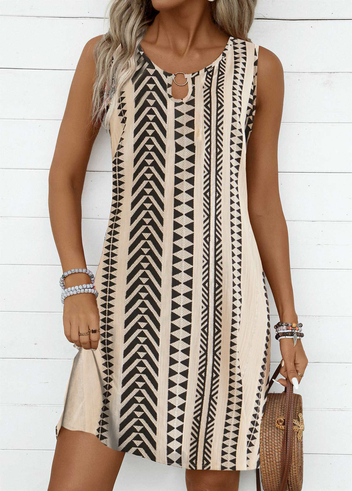 Light Camel dresses,Black dresses,Striped dresses,Geometric dresses,Everyday dresses,Casual dresses,ROTITA Circular Ring Striped Light Camel A Line Sleeveless Dress