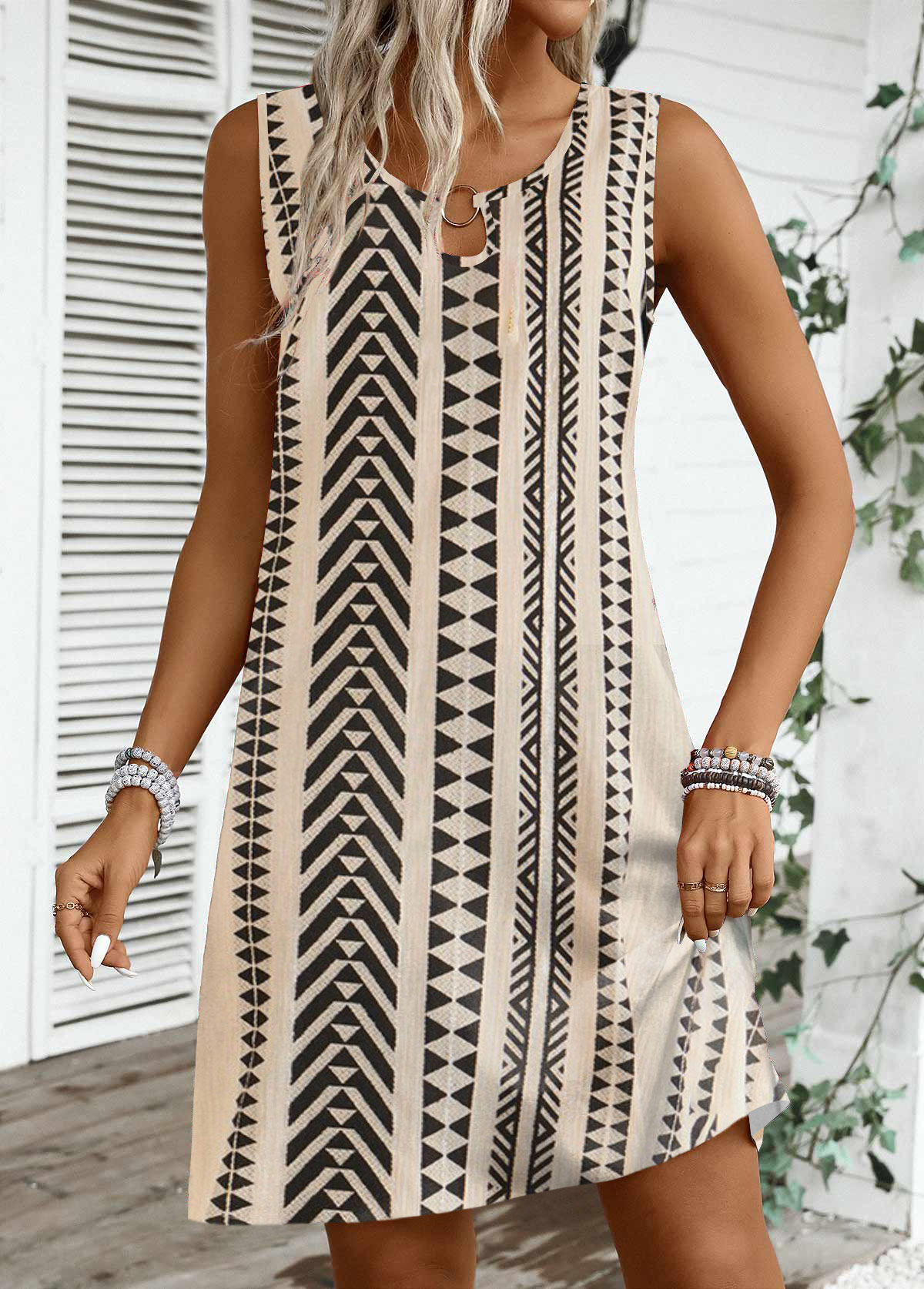 Light Camel dresses,Black dresses,Striped dresses,Geometric dresses,Everyday dresses,Casual dresses,ROTITA Circular Ring Striped Light Camel A Line Sleeveless Dress