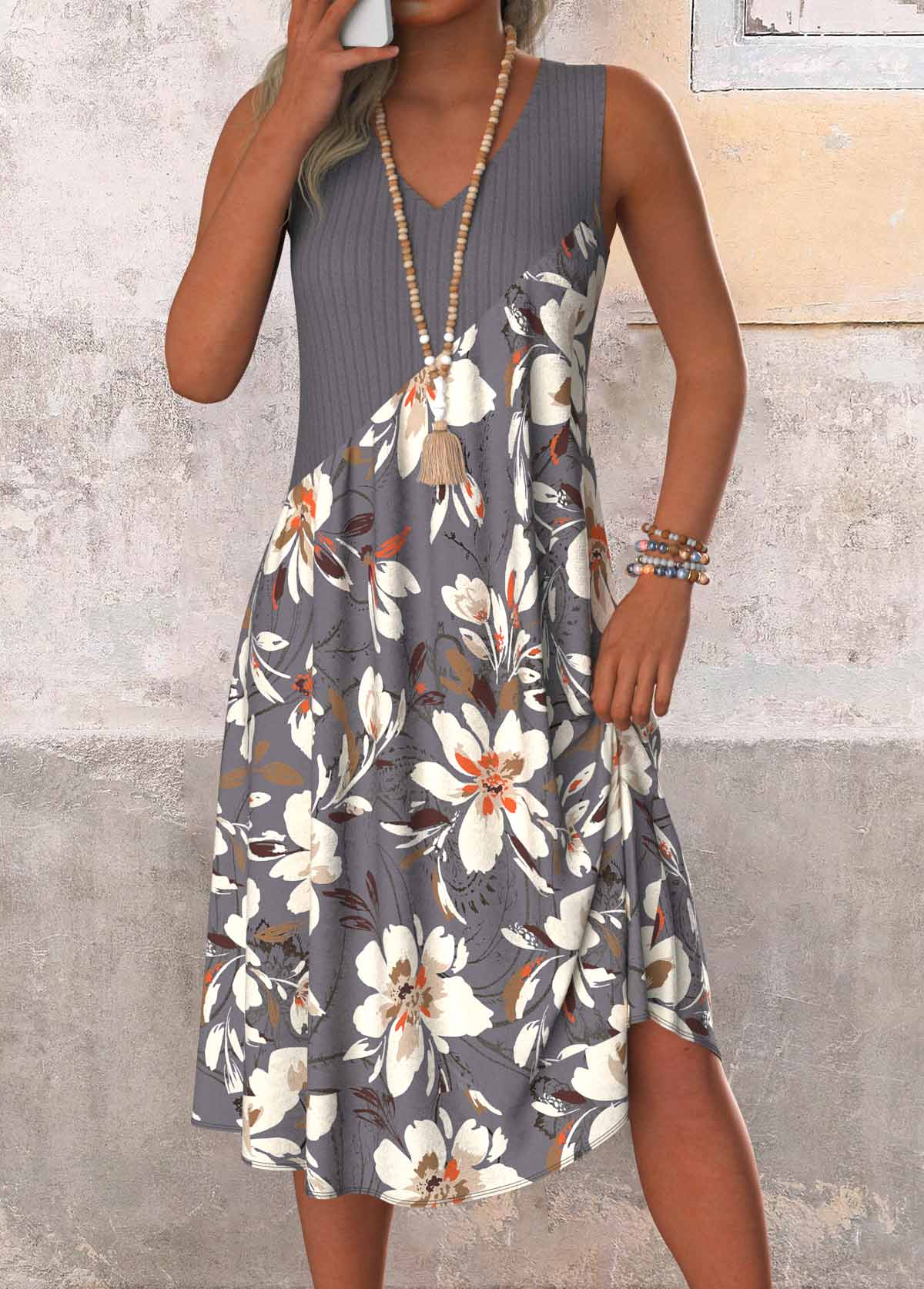 Dark Grey dresses,Floral dresses,Plants dresses,Everyday dresses,Casual dresses,ROTITA Patchwork Floral Print Dark Grey A Line Sleeveless Dress