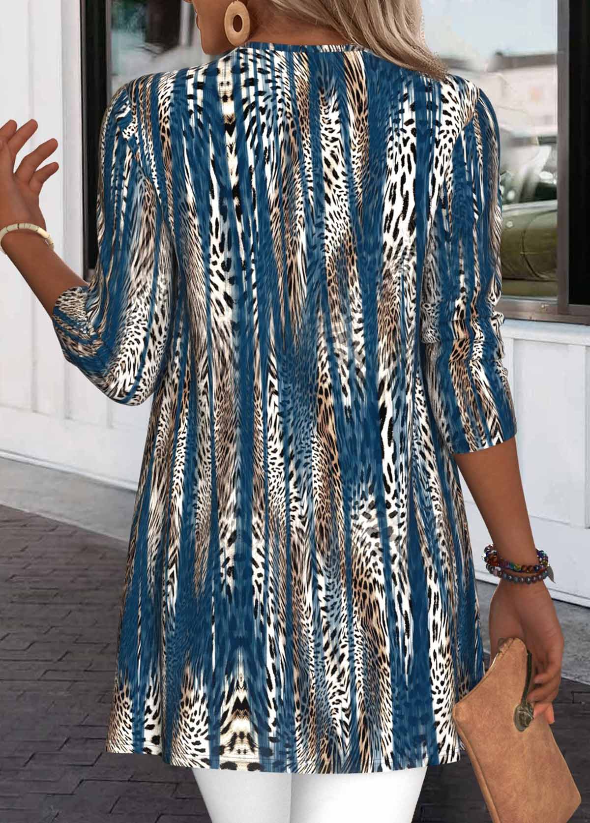 Peacock Blue tops,Leopard tops,Striped tops,Geometric tops,ROTITA Leopard Peacock Blue Long Sleeve Light Cardigan