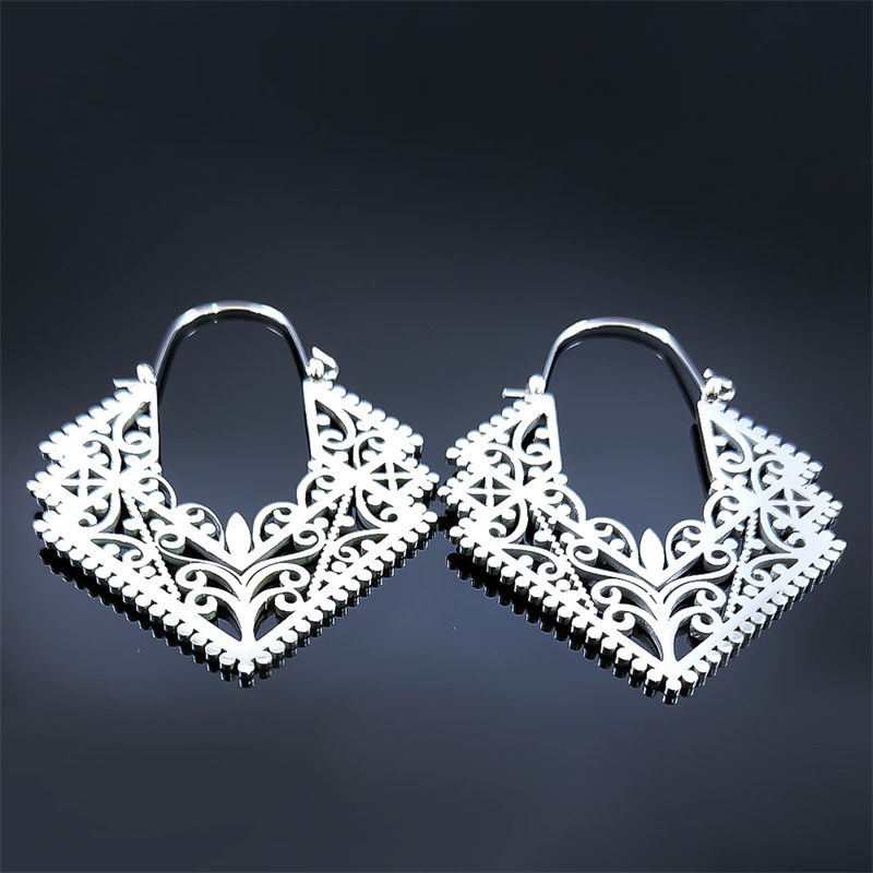 Silver jewelry,Geometric jewelry,Silver Geometric Stainless Steel Hollow Earrings