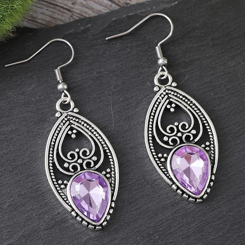 Purple jewelry,Geometric jewelry,Purple Alloy Hollow Design Crystal Earrings