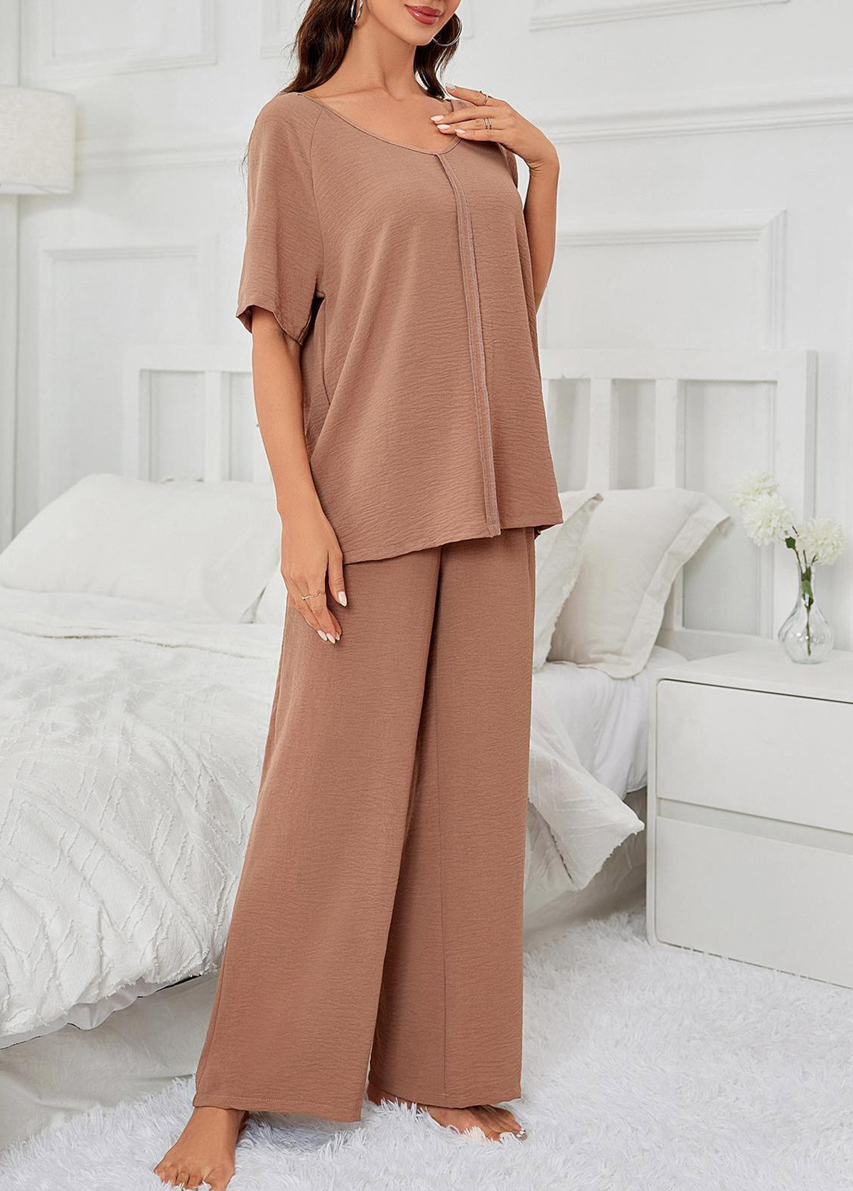 Light Coffee loungewear,Plain Color loungewear,Light Coffee V Neck Lounge Top and Pants
