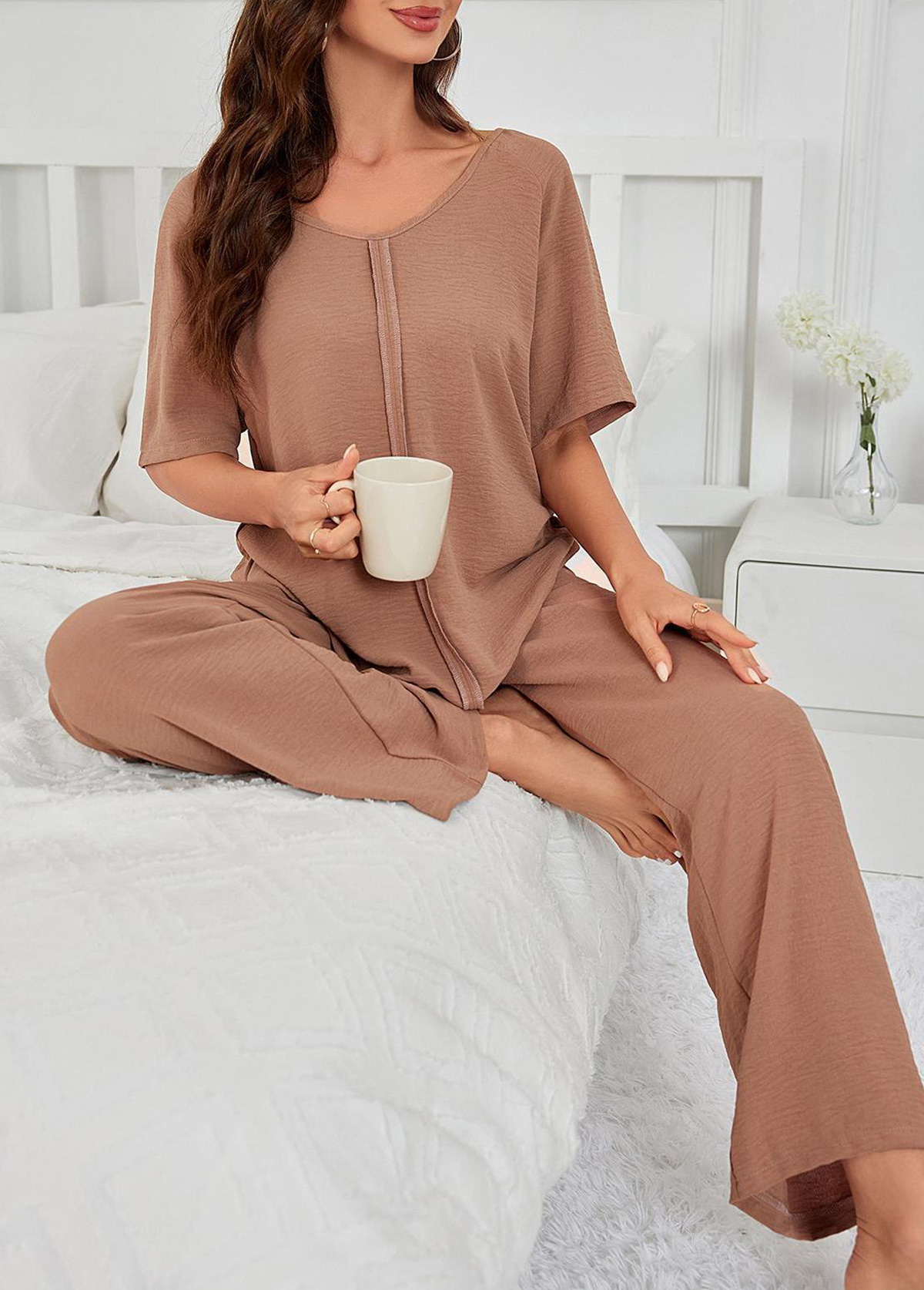 Light Coffee loungewear,Plain Color loungewear,Light Coffee V Neck Lounge Top and Pants