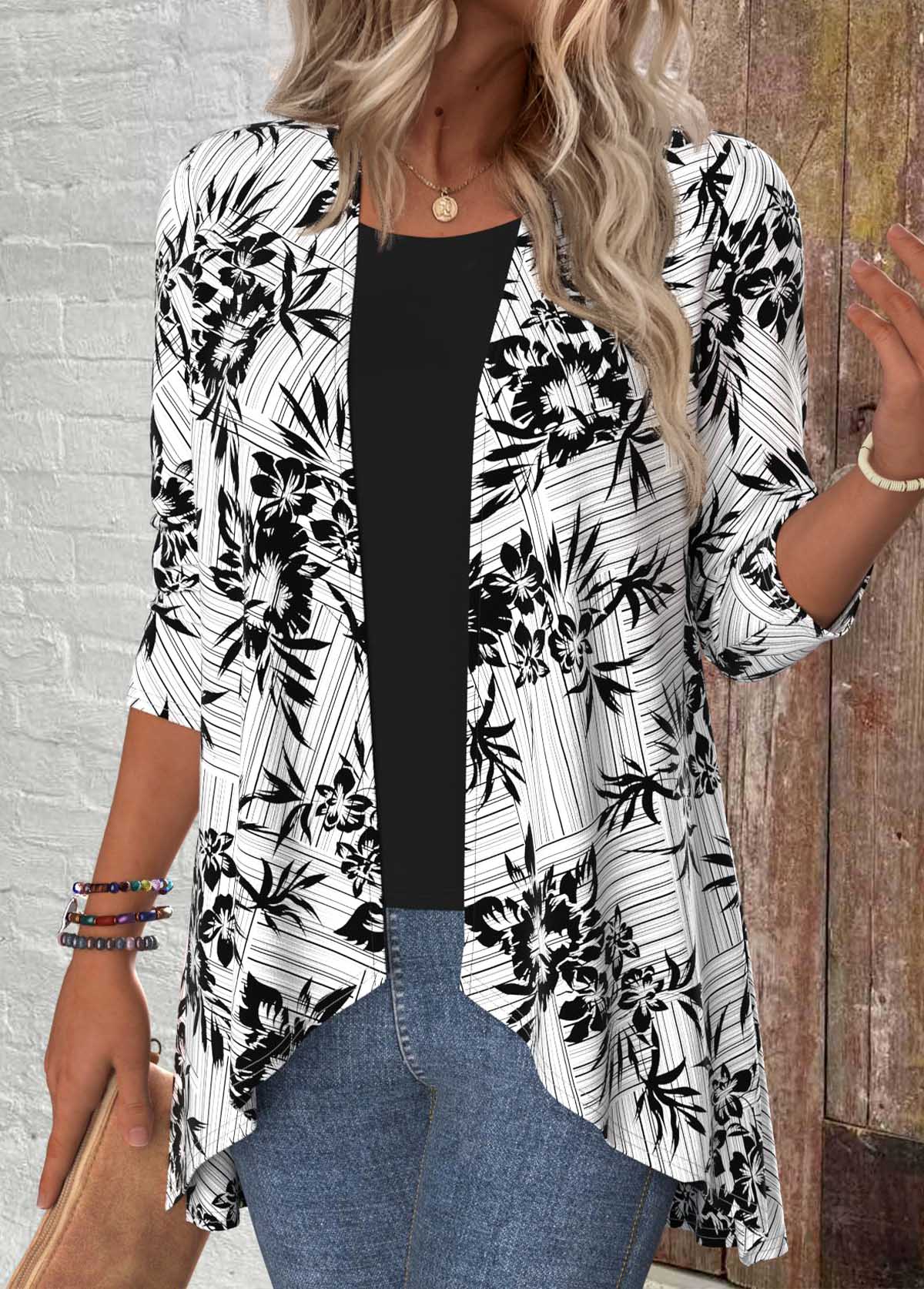 Black tops,Floral tops,Plants tops,Geometric tops,ROTITA Floral Print Black 3/4 Sleeve Light Cardigan