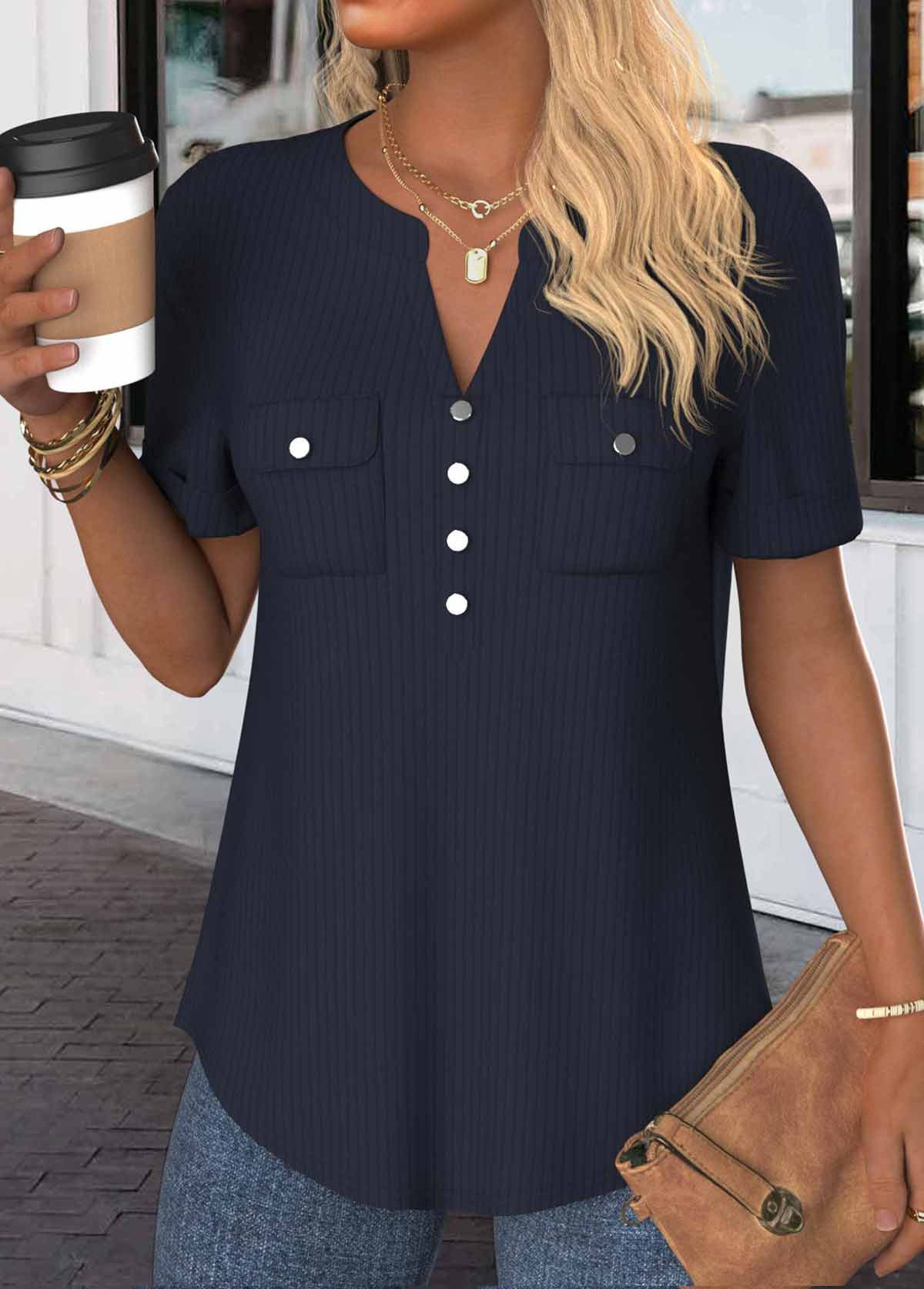 Navy tops,Plain Color tops,ROTITA Button Navy Split Neck Short Sleeve Blouse