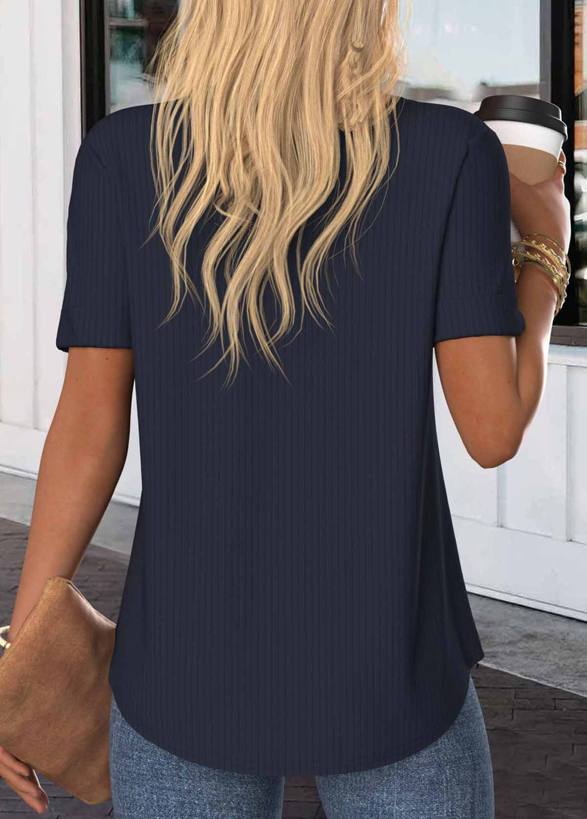 Navy tops,Plain Color tops,ROTITA Button Navy Split Neck Short Sleeve Blouse