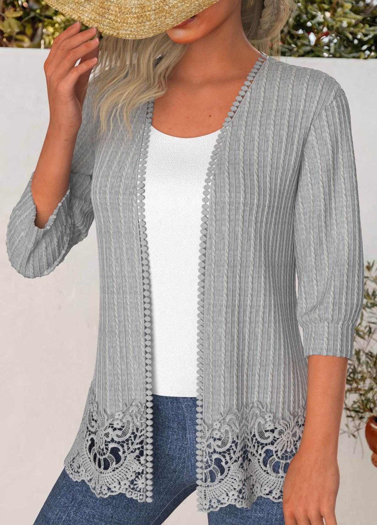 Light Grey Marl tops,Plain Color tops,ROTITA Lace 3/4 Sleeve Light Cardigan