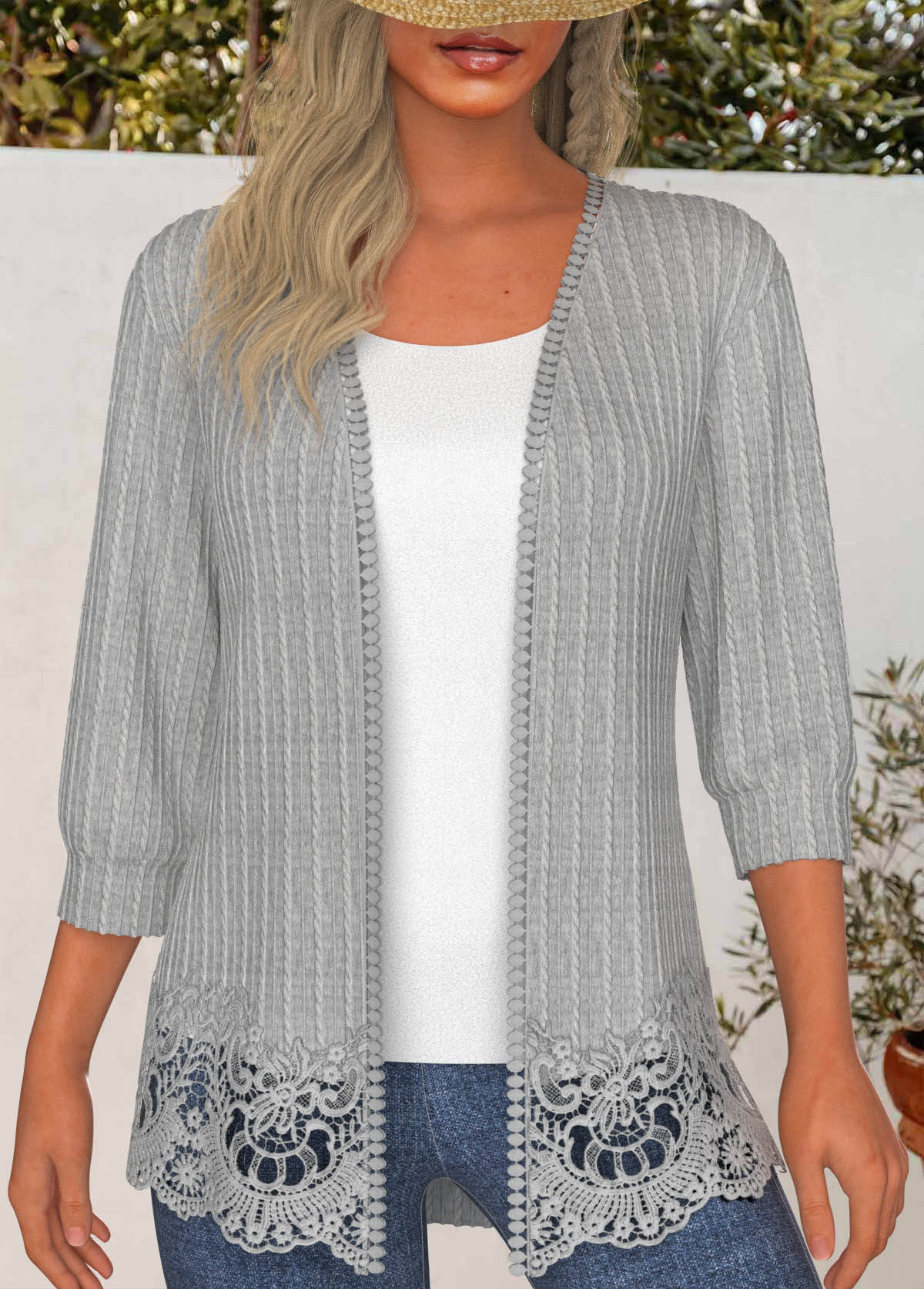 Light Grey Marl tops,Plain Color tops,ROTITA Lace 3/4 Sleeve Light Cardigan