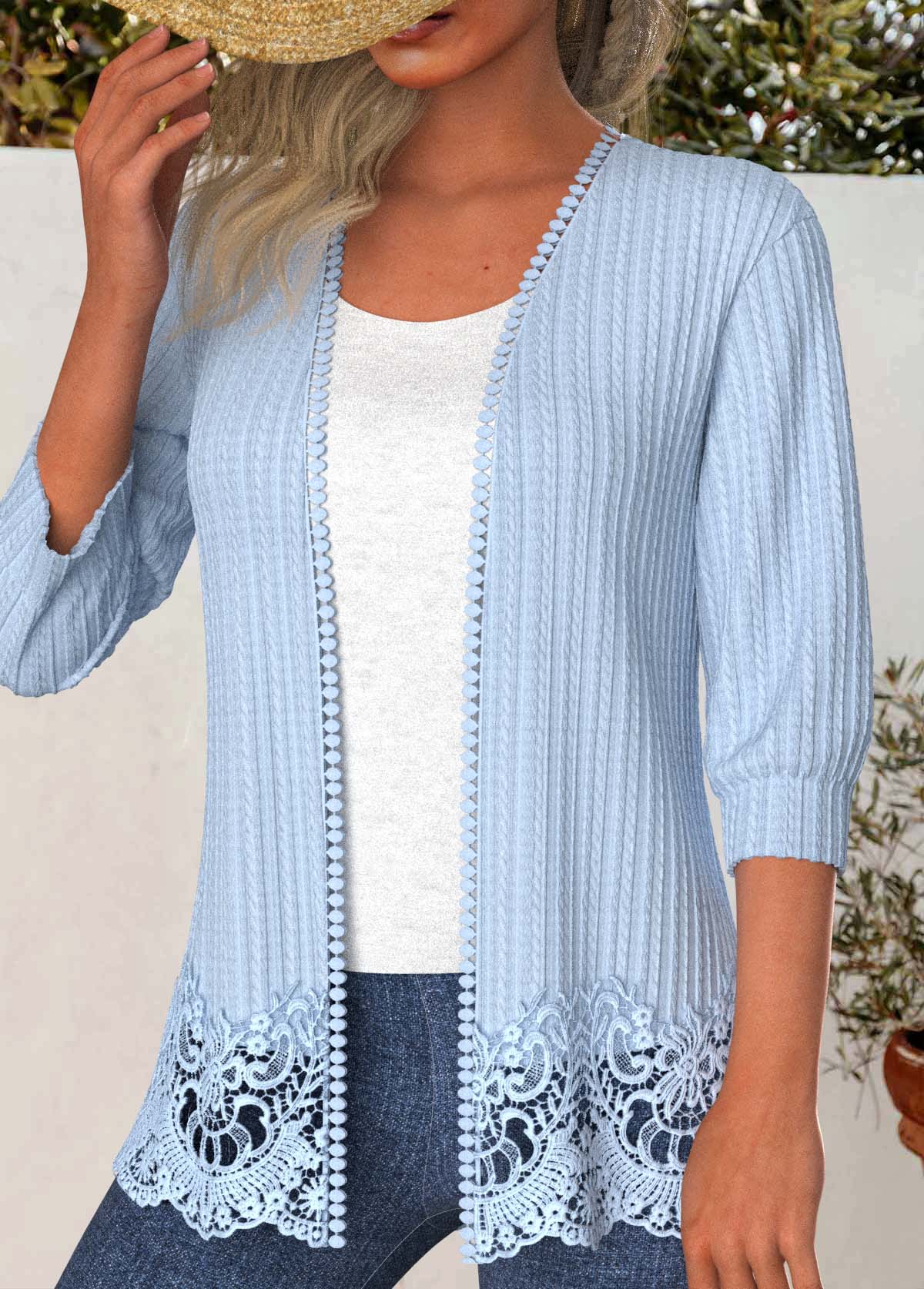 Light Blue tops,Plain Color tops,ROTITA Lace Patchwork 3/4 Sleeve Light Cardigan