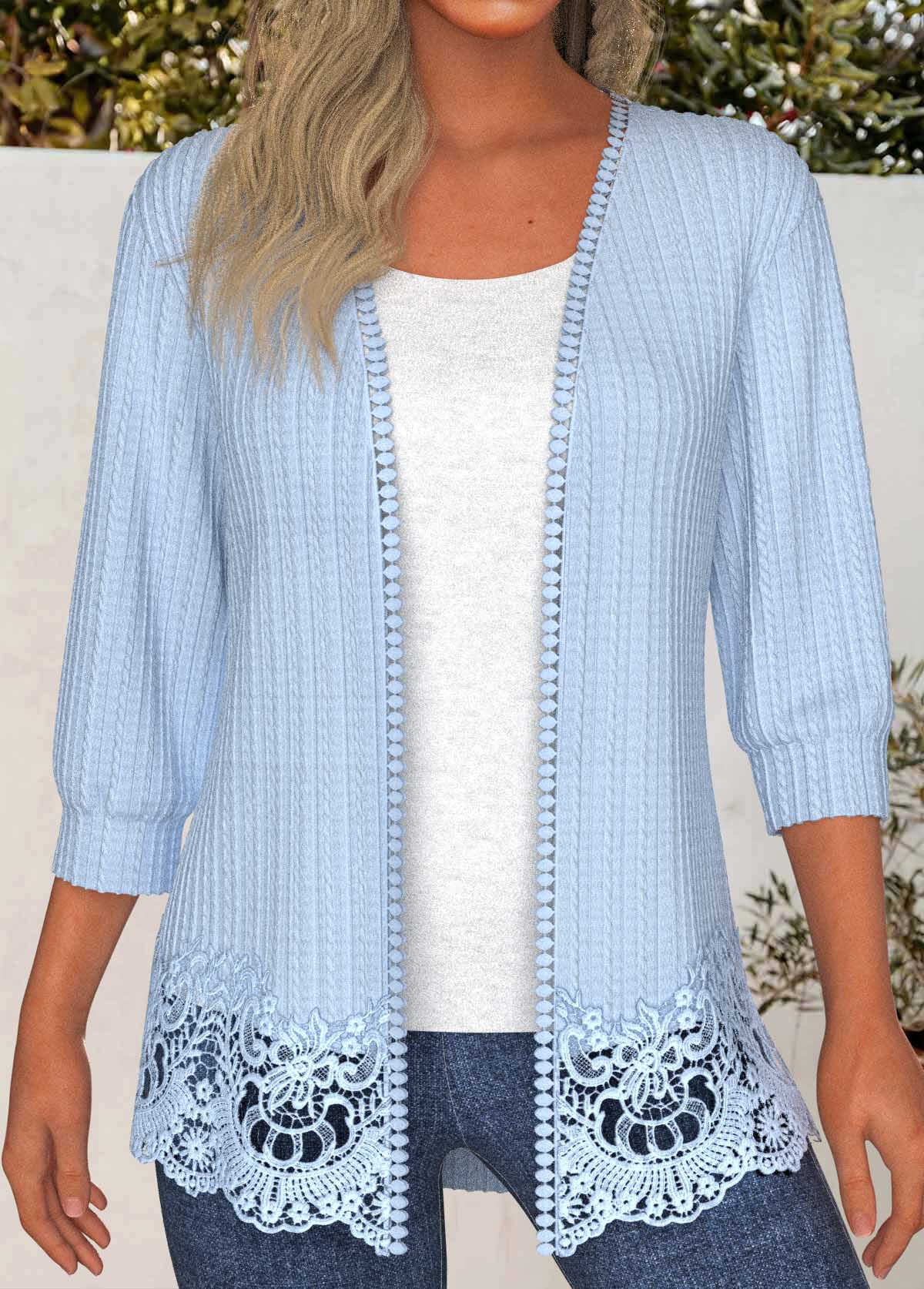 Light Blue tops,Plain Color tops,ROTITA Lace Patchwork 3/4 Sleeve Light Cardigan