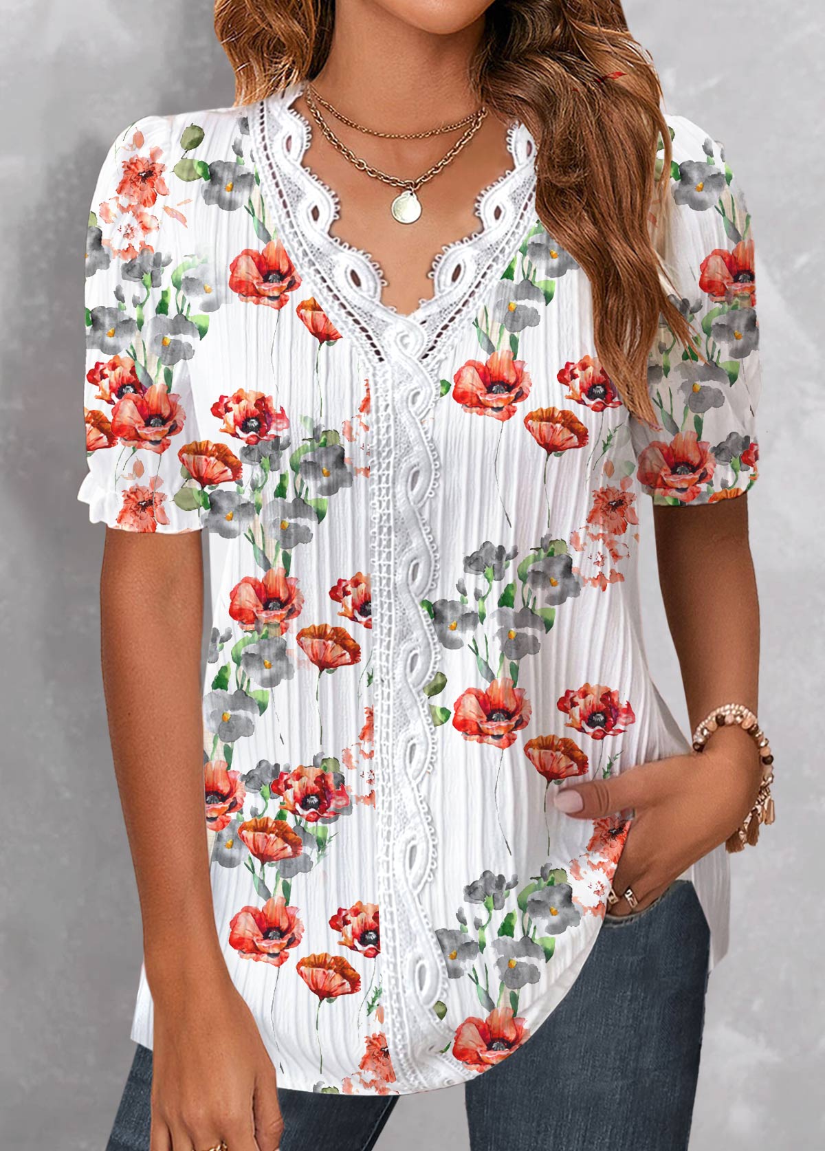 White tops,Floral tops,Plants tops,ROTITA Patchwork Floral Print White V Neck T Shirt