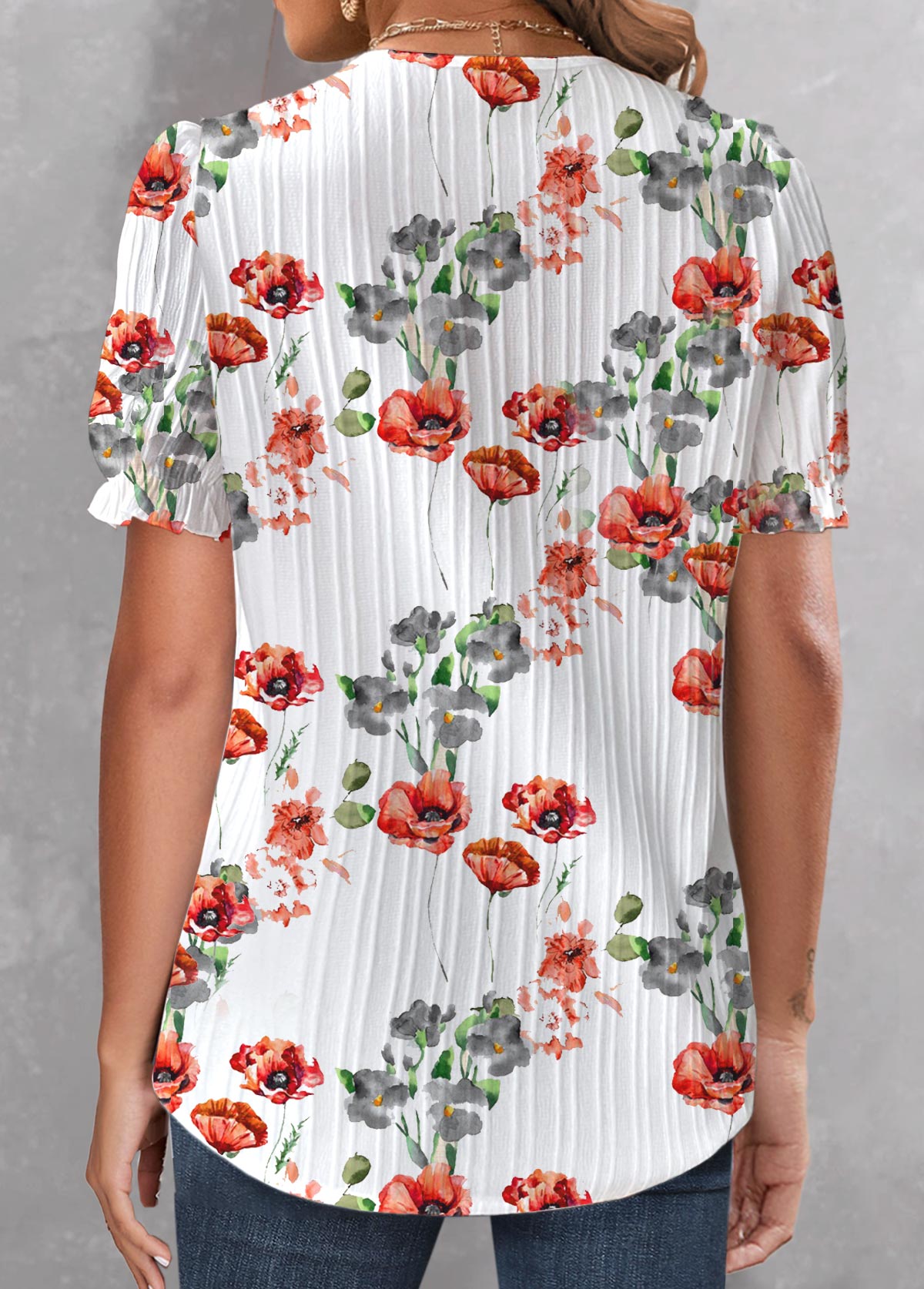 White tops,Floral tops,Plants tops,ROTITA Patchwork Floral Print White V Neck T Shirt