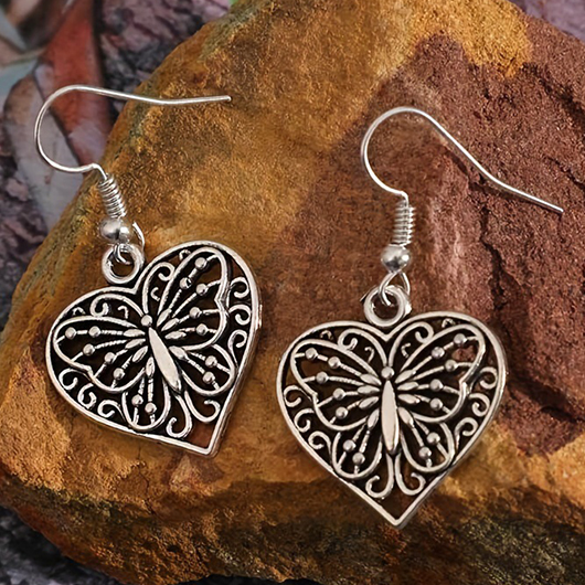 Silver jewelry,Animal Print jewelry,Heart jewelry,Butterfly Silver Alloy Heart Design Earrings