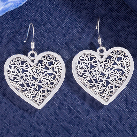 Silver jewelry,Heart jewelry,Heart Design Silver Hollow Alloy Earrings