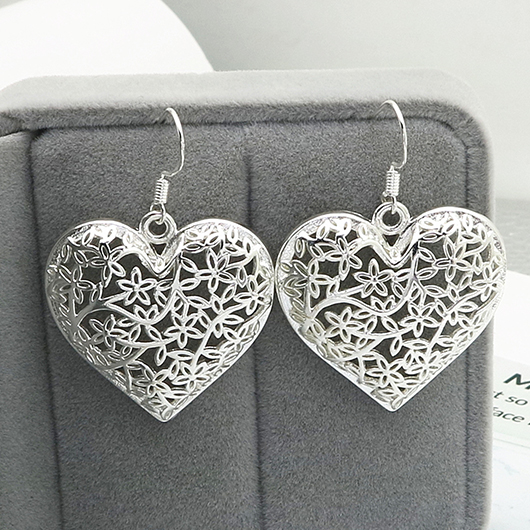Silver jewelry,Heart jewelry,Heart Design Silver Hollow Alloy Earrings