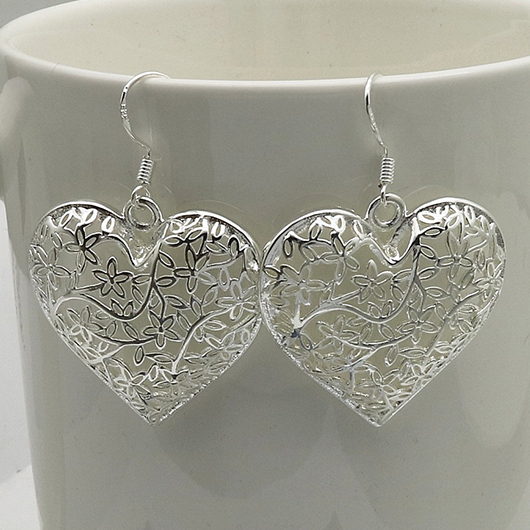 Silver jewelry,Heart jewelry,Heart Design Silver Hollow Alloy Earrings
