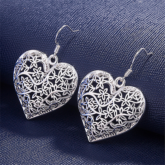 Silver jewelry,Heart jewelry,Heart Design Silver Hollow Alloy Earrings