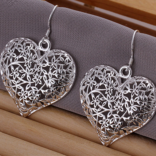 Silver jewelry,Heart jewelry,Heart Design Silver Hollow Alloy Earrings