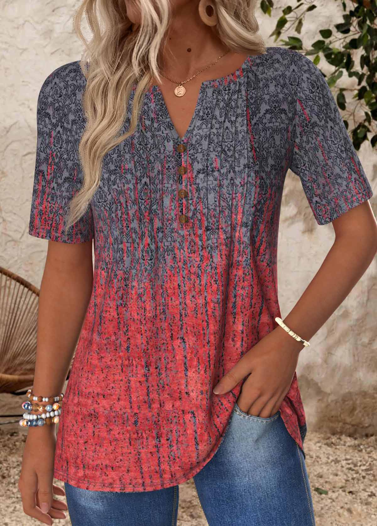 Deep Red tops,Ombre tops,ROTITA Tuck Stitch Ombre Deep Red Split Neck T Shirt
