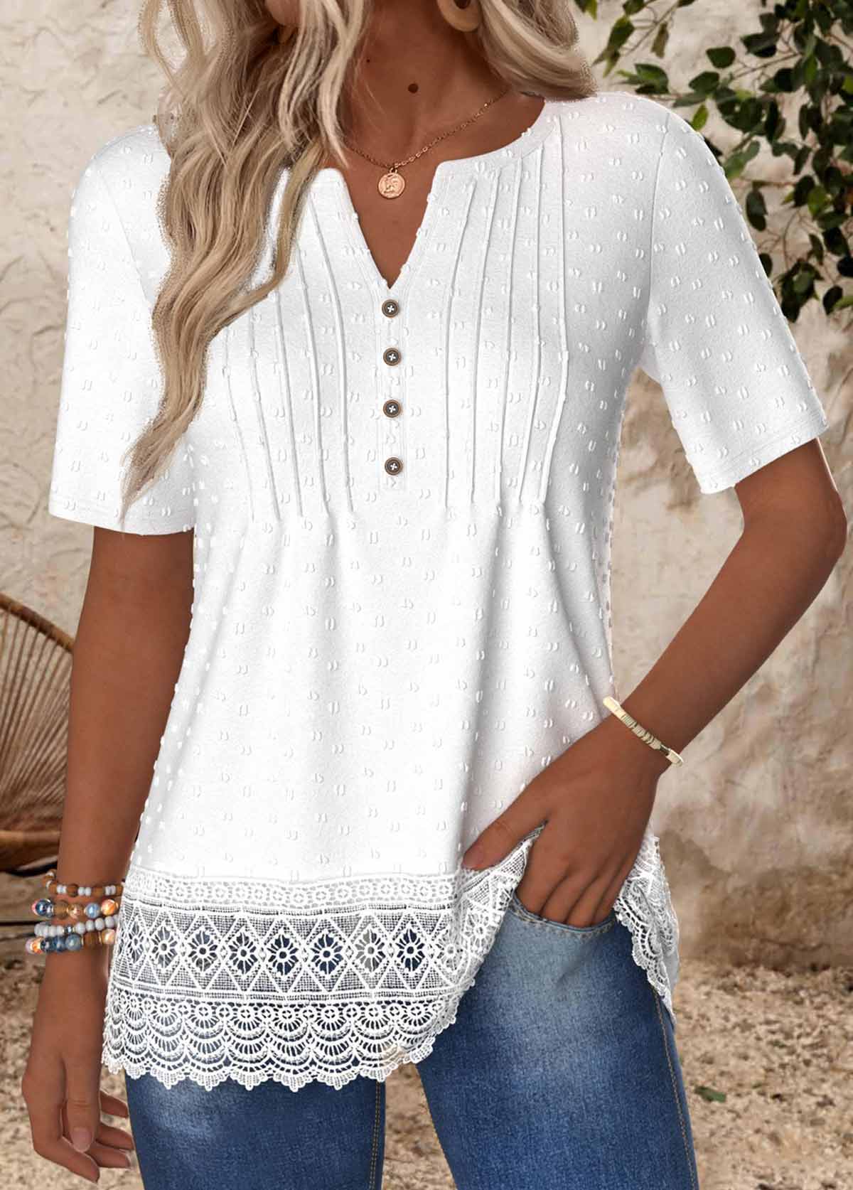 White tops,Plain Color tops,ROTITA Embroidery White Split Neck Short Sleeve T Shirt