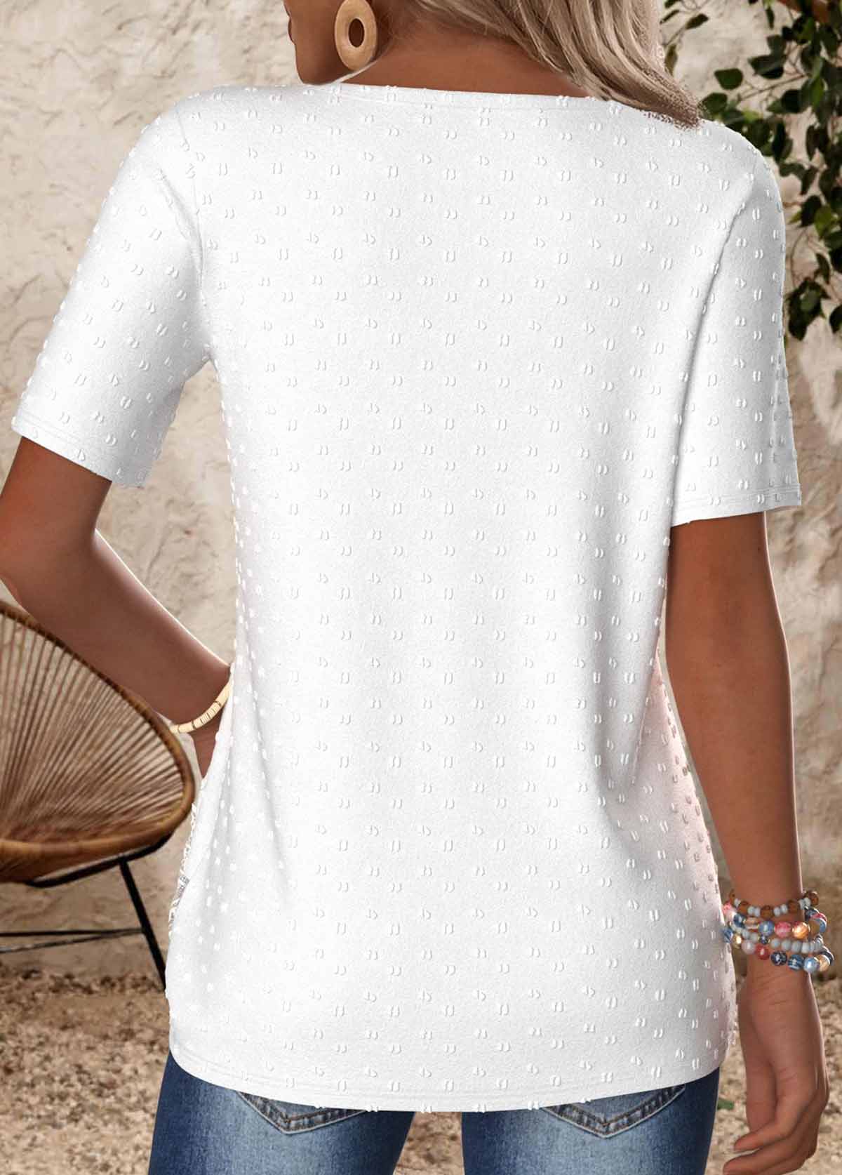 White tops,Plain Color tops,ROTITA Embroidery White Split Neck Short Sleeve T Shirt
