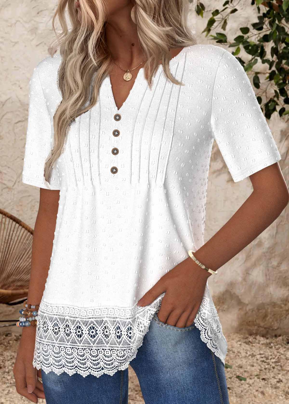 White tops,Plain Color tops,ROTITA Embroidery White Split Neck Short Sleeve T Shirt