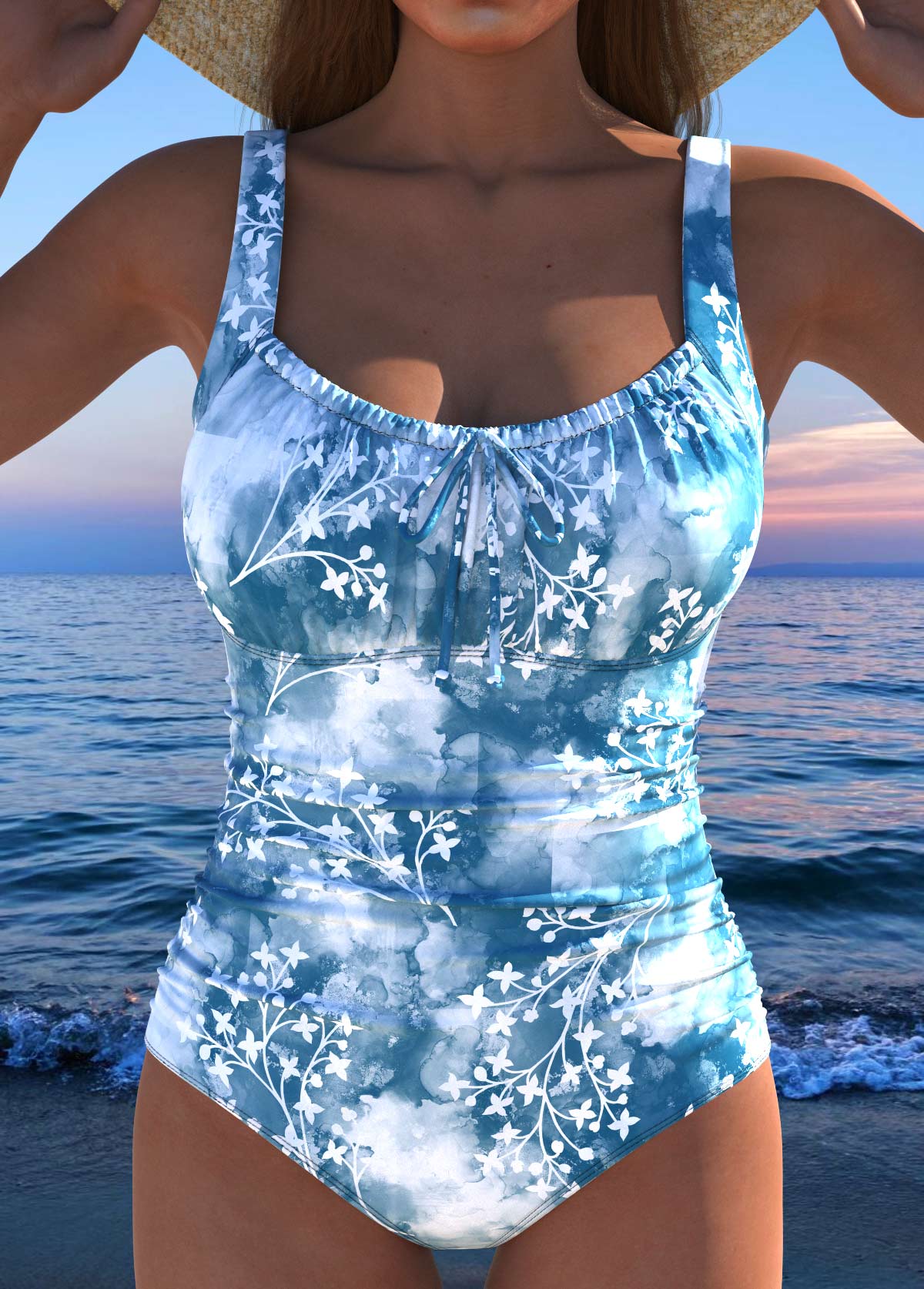 Dusty Blue swimwear,Floral swimwear,Plants swimwear,ROTITA Bowknot Dusty Blue Floral Print One Piece Swimwear