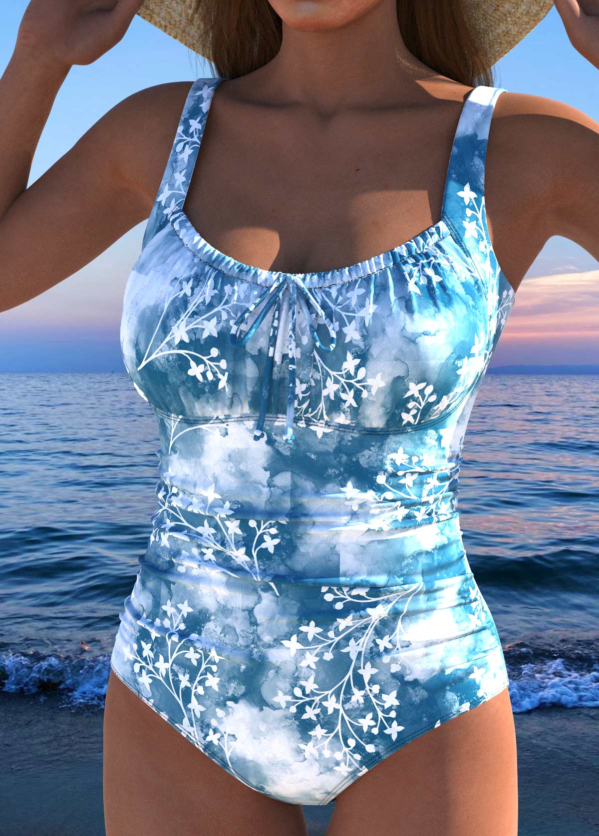 Dusty Blue swimwear,Floral swimwear,Plants swimwear,ROTITA Bowknot Dusty Blue Floral Print One Piece Swimwear