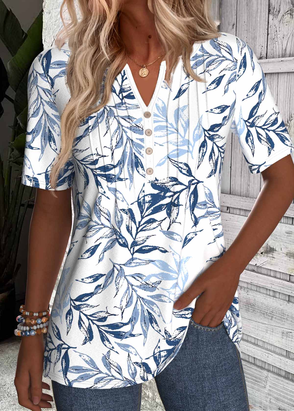White tops,Blue tops,Plants tops,ROTITA Leaf Print White T Shirt