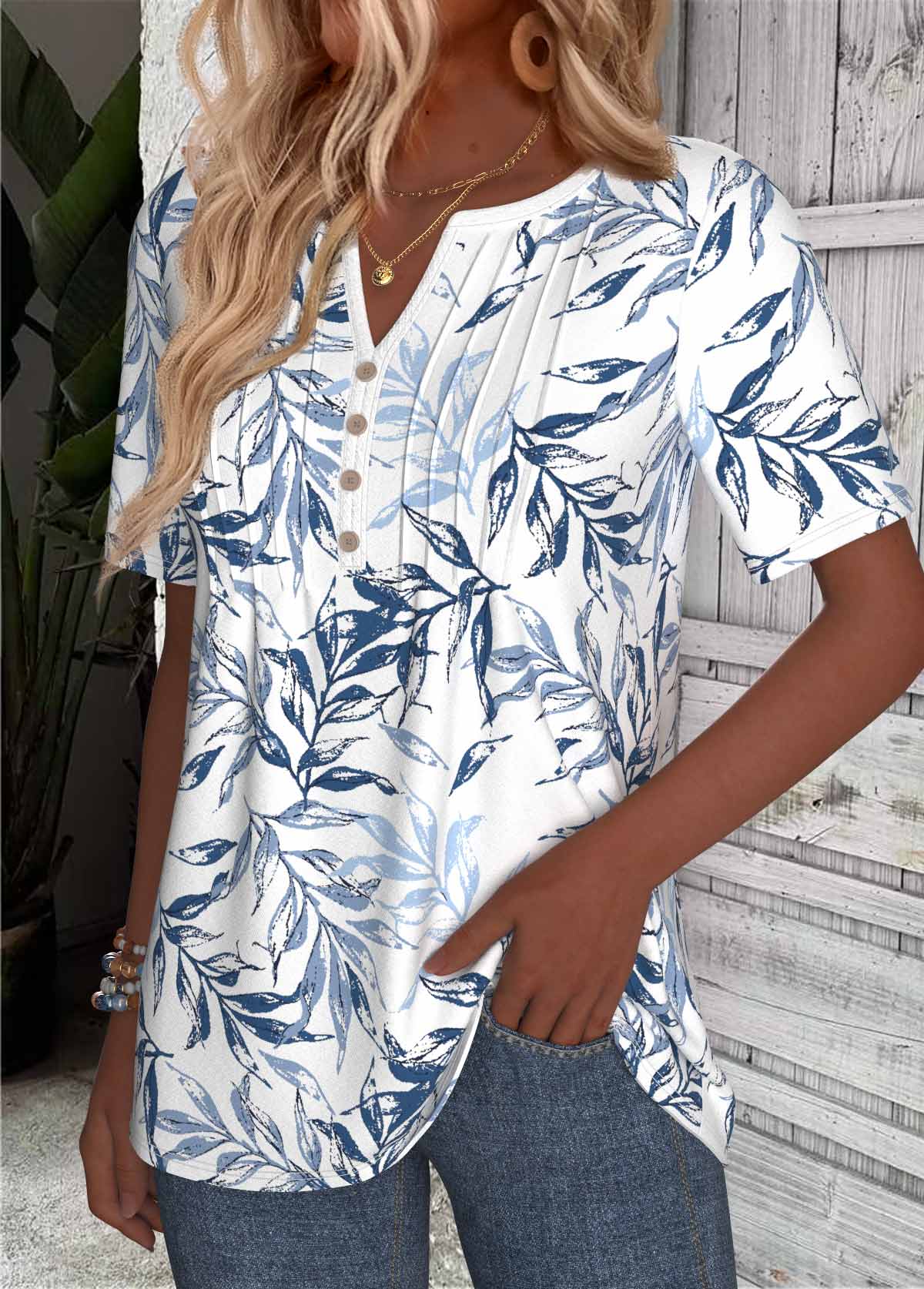 White tops,Blue tops,Plants tops,ROTITA Leaf Print White T Shirt