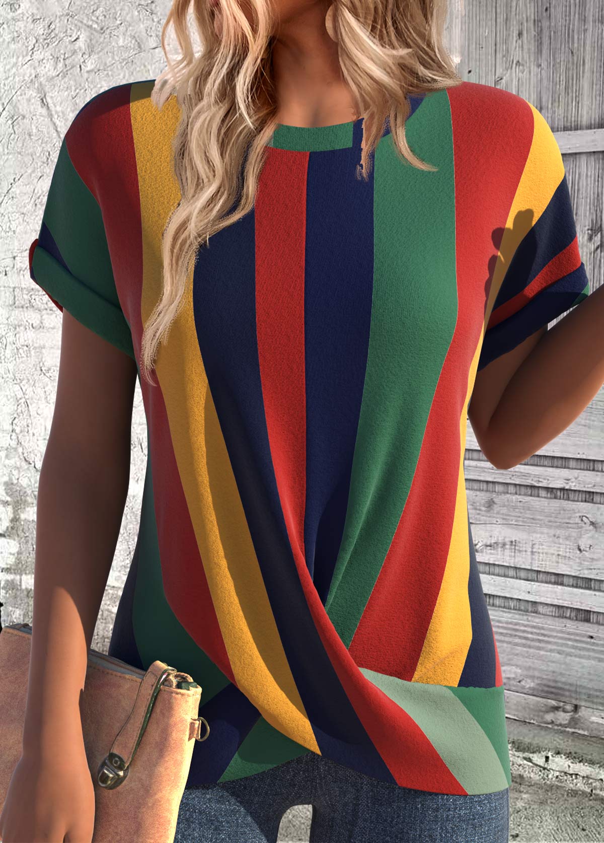 Multi Color tops,Rainbow Color tops,Striped tops,Geometric tops,ROTITA Cross Hem Multi Stripe Print Scoop Neck T Shirt