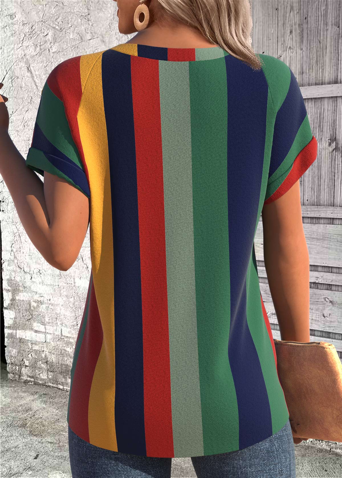 Multi Color tops,Rainbow Color tops,Striped tops,Geometric tops,ROTITA Cross Hem Multi Stripe Print Scoop Neck T Shirt
