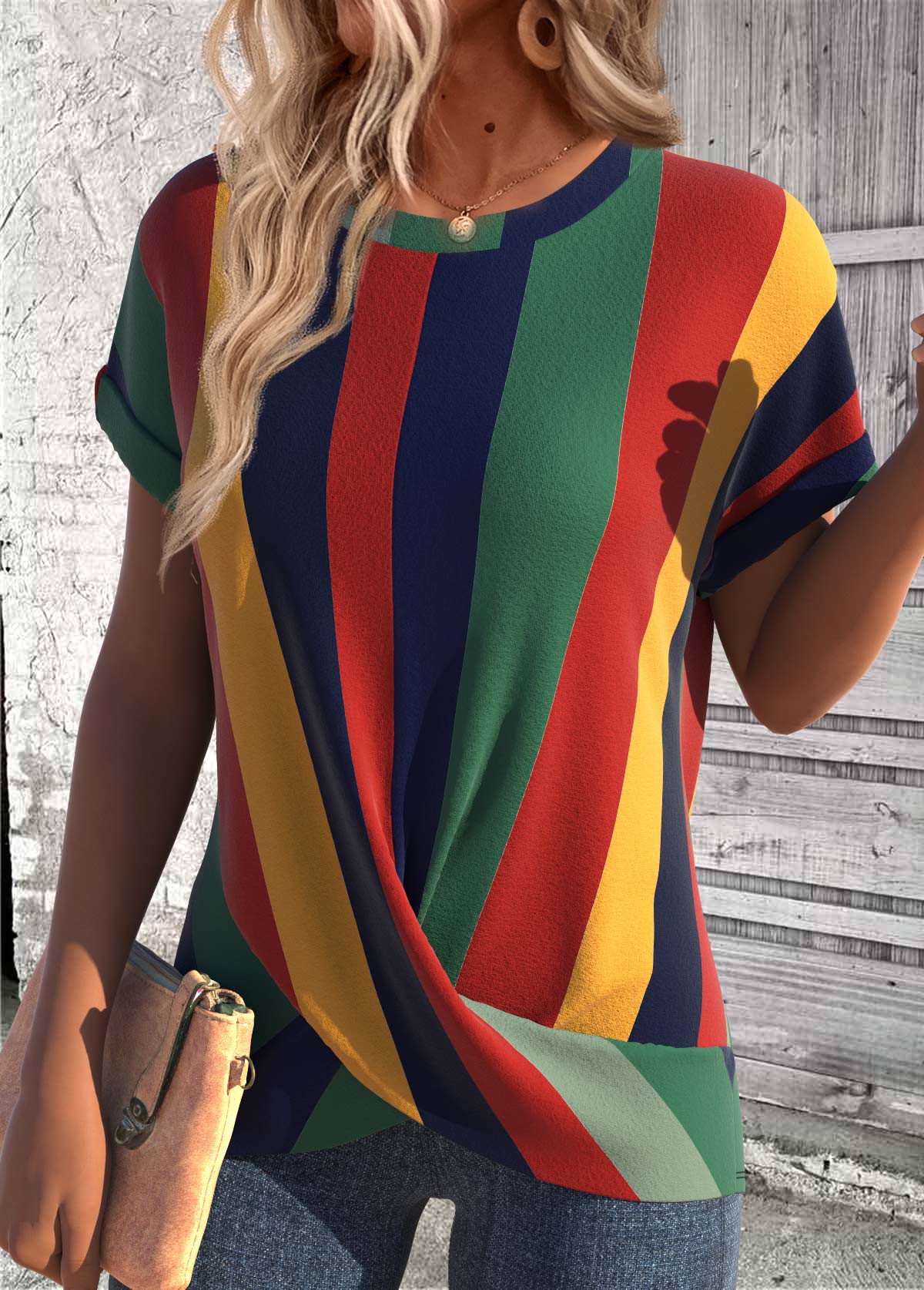 Multi Color tops,Rainbow Color tops,Striped tops,Geometric tops,ROTITA Cross Hem Multi Stripe Print Scoop Neck T Shirt