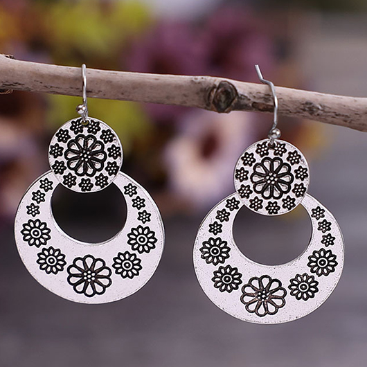 Round Silver Alloy Hollow Design Earrings