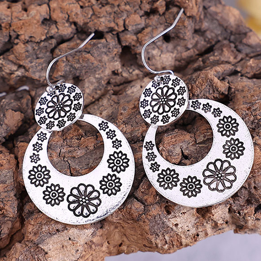 Round Silver Alloy Hollow Design Earrings