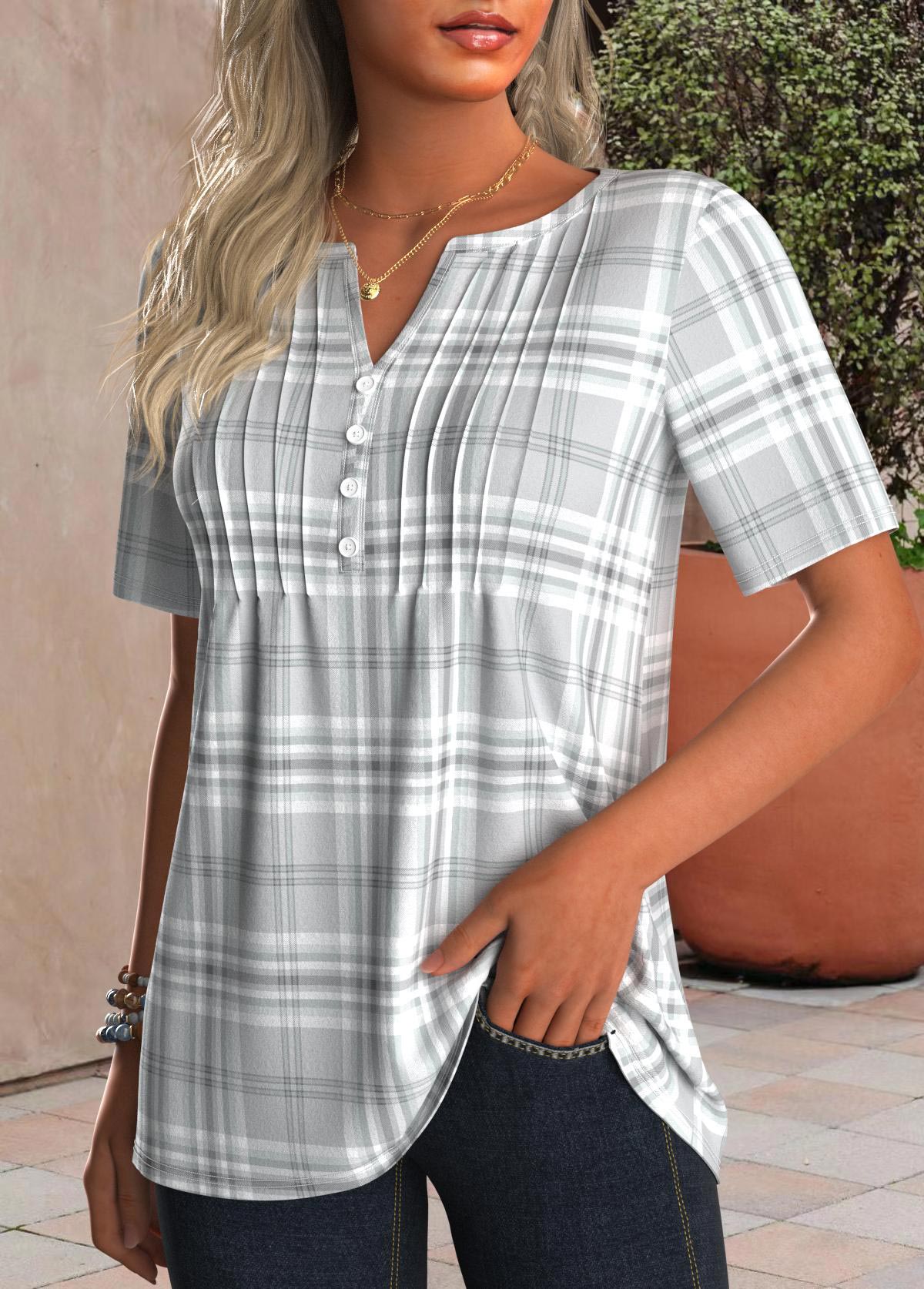 Grey tops,Plaid tops,Striped tops,Geometric tops,ROTITA Tuck Stitch Plaid Grey Split Neck T Shirt