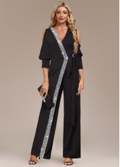 Black jumpsuits&rompers,Plain Color jumpsuits&rompers,ROTITA Metal Ring Cold Shoulder V Neck Black Jumpsuit