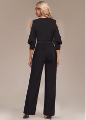 Black jumpsuits&rompers,Plain Color jumpsuits&rompers,ROTITA Metal Ring Cold Shoulder V Neck Black Jumpsuit