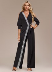 Black jumpsuits&rompers,Plain Color jumpsuits&rompers,ROTITA Metal Ring Cold Shoulder V Neck Black Jumpsuit