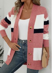 Pink tops,White tops,Striped tops,Geometric tops,ROTITA Button Striped Pink Long Sleeve Cardigan