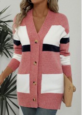 Pink tops,White tops,Striped tops,Geometric tops,ROTITA Button Striped Pink Long Sleeve Cardigan