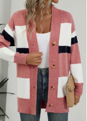 Pink tops,White tops,Striped tops,Geometric tops,ROTITA Button Striped Pink Long Sleeve Cardigan
