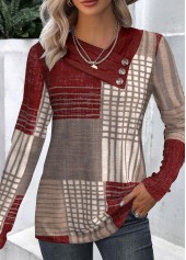 Rotita-T-Shirt mit geometrischem Druck und asymmetrischem Ausschnitt in Weinrot