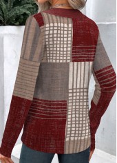 Wine Red tops,Geometric tops,Striped tops,ROTITA Button Geometric Print Wine Red Asymmetrical Neck T Shirt